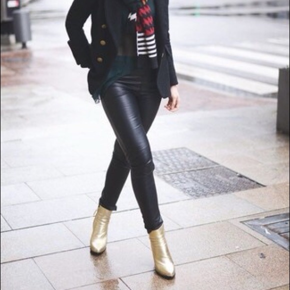 Aqua Pointed Toe Gold Leather Ankle Booties - Picture 2 of 10